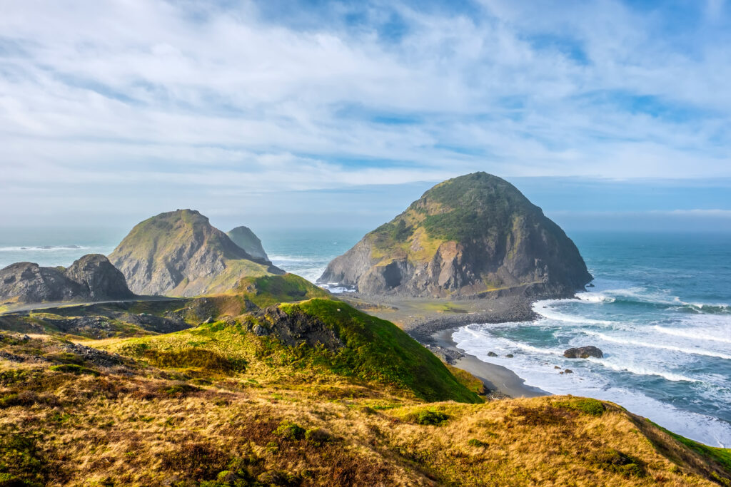 A destination on the Pacific Coast of Oregon showing a cliff over the beach with grass