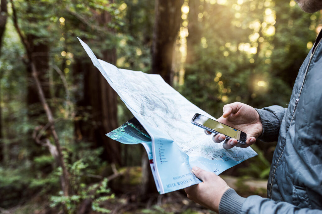 Person holding map and smartphone outdoors - DMC